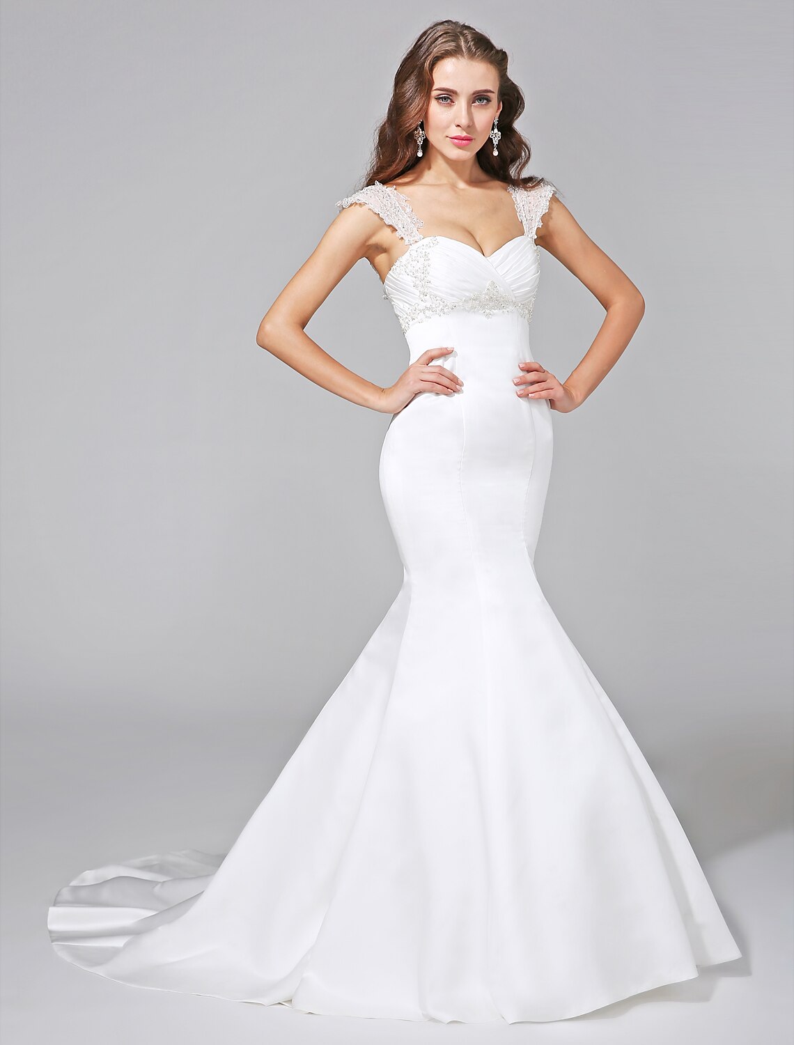 Wedding Dresses Mermaid / Trumpet Sweetheart Cap Sleeve Court Train Satin Bridal Gowns With Beading Criss-Cross