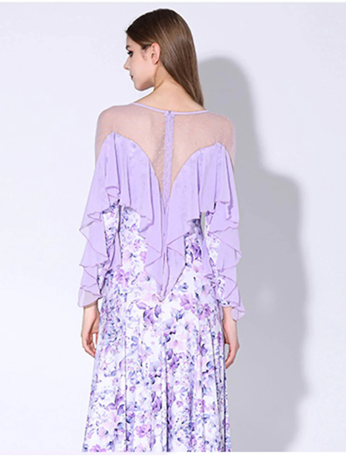 DingjiBallroom Dance Dress Printing Ruffles Women's Performance Party Long Sleeve Polyester Mesh Milk Fiber