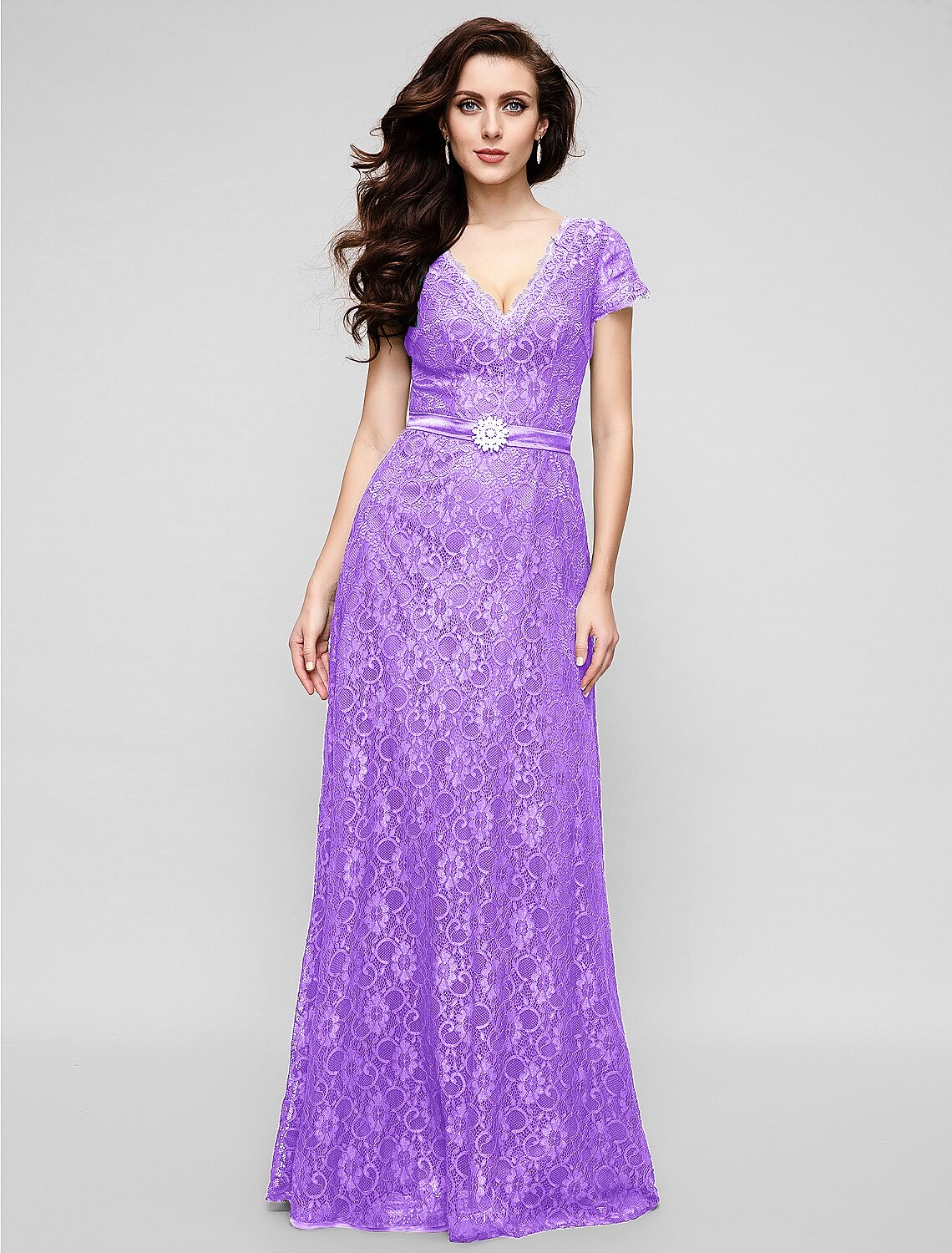 A-Line Elegant Dress Holiday Cocktail Party Floor Length Short Sleeve V Neck All Over Lace with Crystal Brooch