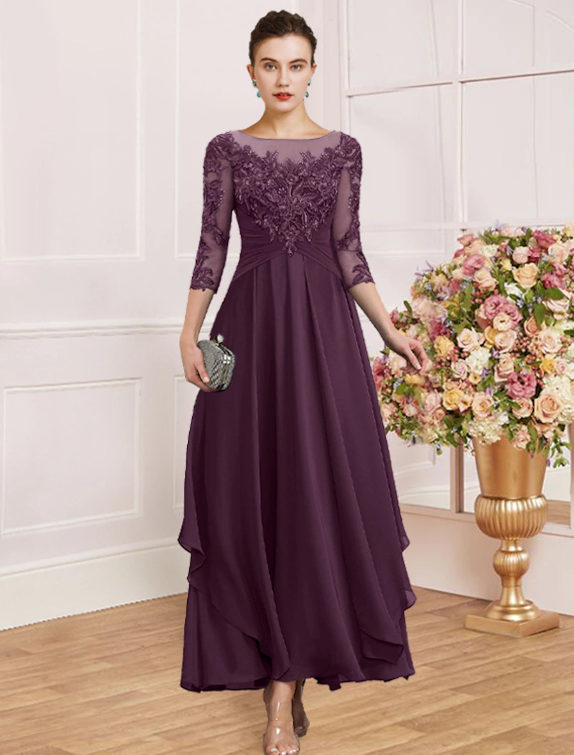 Sheath / Column Mother of the Bride Dress Wedding Guest Simple Elegant Jewel Neck Ankle Length Chiffon Lace 3/4 Length Sleeve with Pleats Sequin