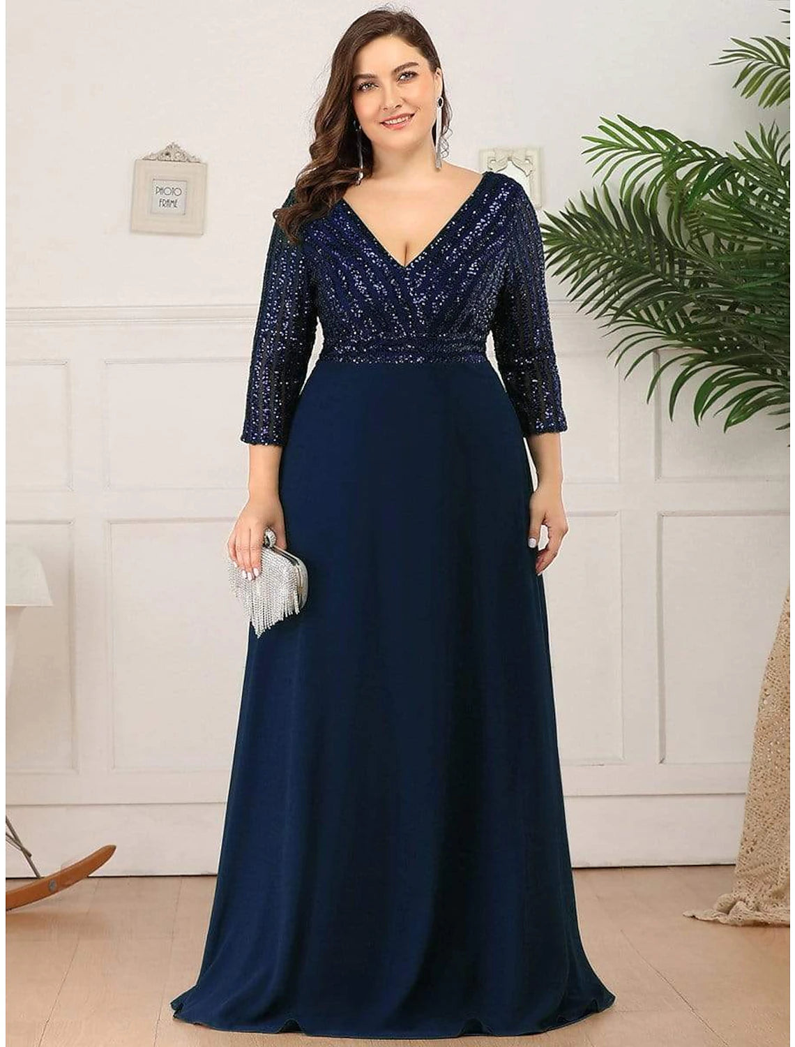 A-Line Evening Gown Plus Size Dress Wedding Guest Floor Length 3/4 Length Sleeve V Neck Chiffon V Back with Sequin