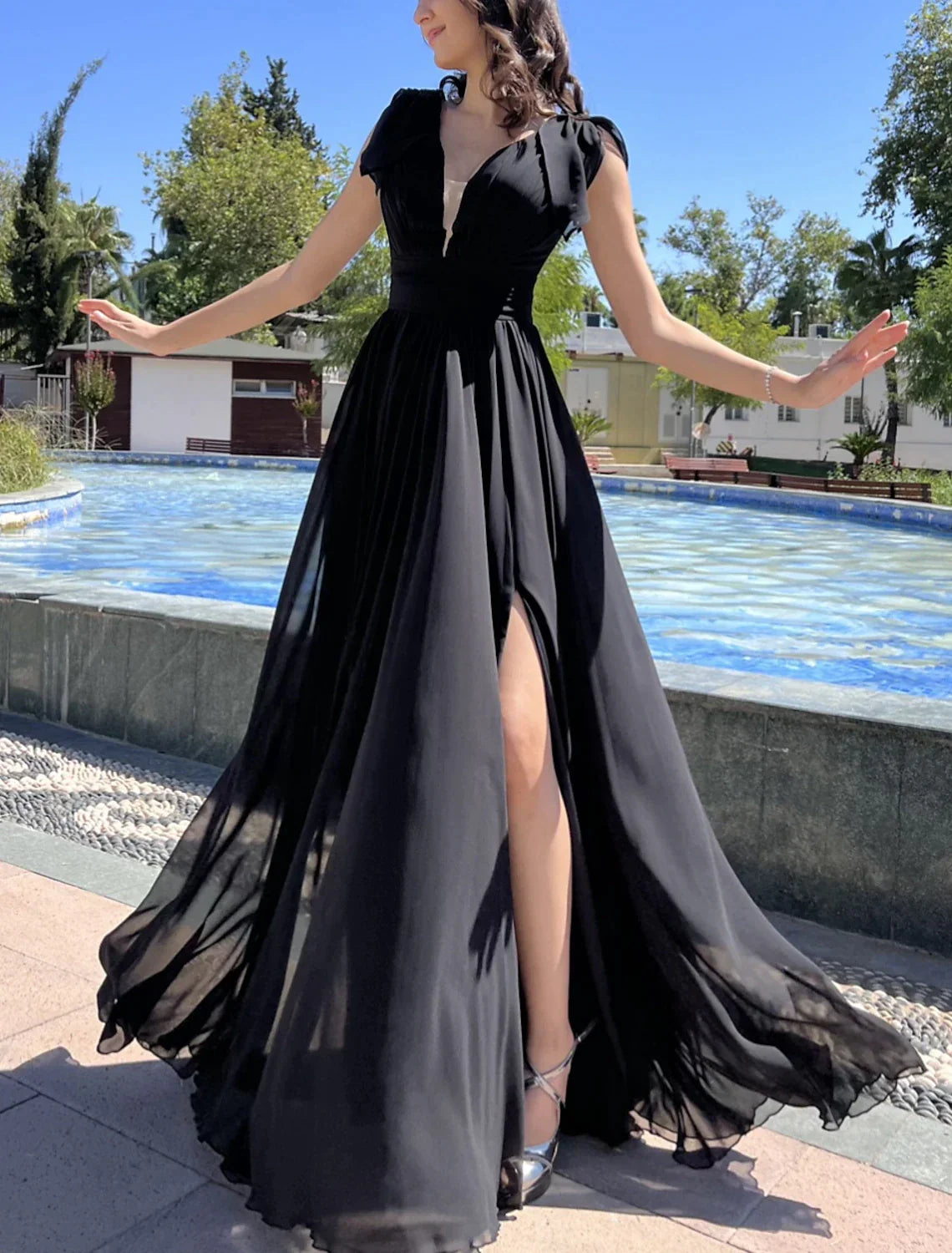 DingjiA-Line Prom Dresses Elegant Dress Formal Prom Floor Length Sleeveless V Neck Chiffon with Strappy