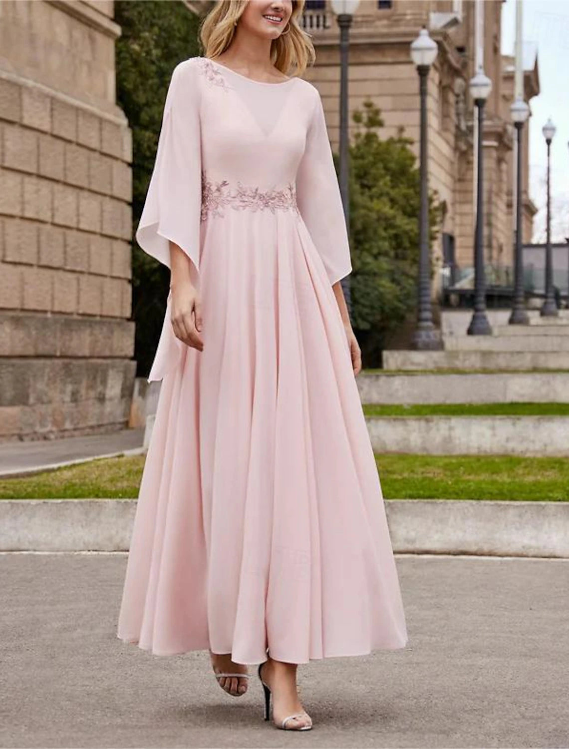 A-Line Mother of the Bride Dress Kentucky Derby Dresses Formal Wedding Guest Elegant Bateau Neck Ankle Length Chiffon 3/4 Length Sleeve with Beading Sequin