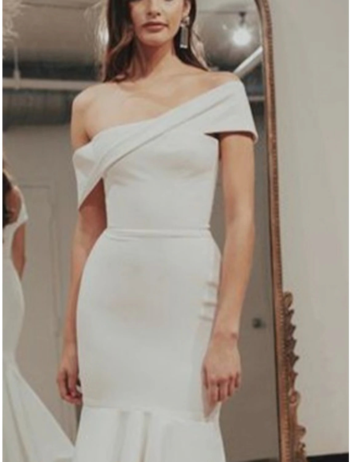 Casual Wedding Dresses Mermaid / Trumpet Off Shoulder Short Sleeve Sweep / Brush Train Stretch Fabric Bridal Gowns With Pleats