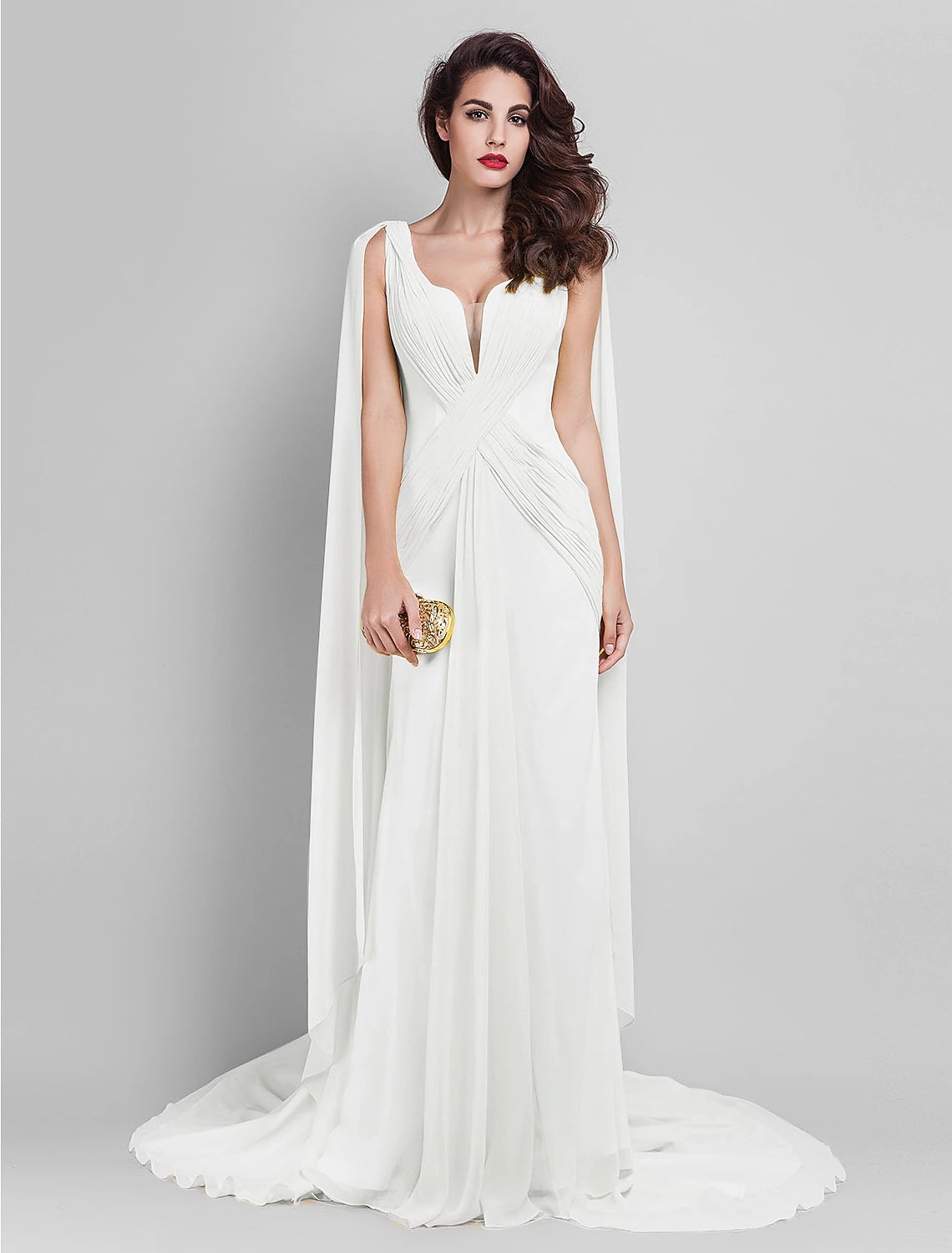 Sheath / Column Elegant Dress Wedding Guest Court Train Sleeveless Plunging Neck Georgette V Back with Criss Cross Side Draping