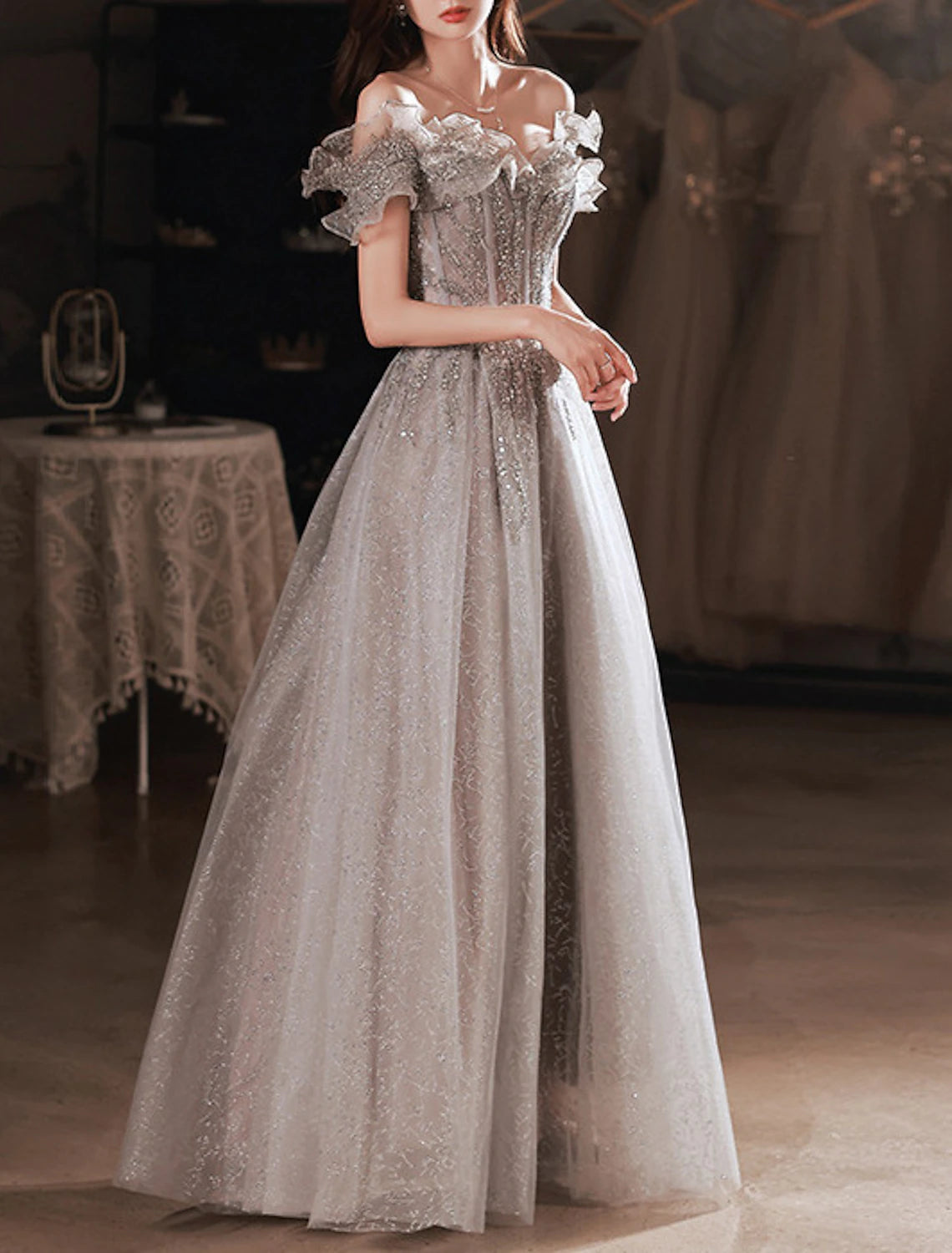 A-Line Sparkle & Shine Prom Formal Evening Dress Off Shoulder Short Sleeve Floor Length Polyester with Sequin Ruffles