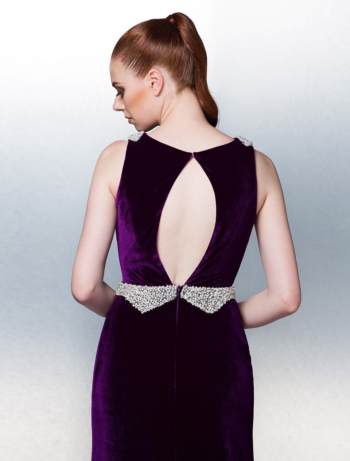 A-Line Open Back Formal Evening Dress Bateau Neck Sleeveless Court Train Velvet with Sash / Ribbon Pearls Beading