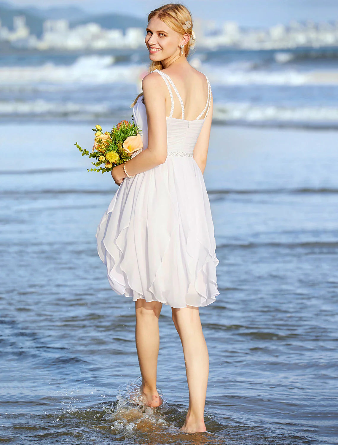 Wedding Dresses A-Line Sweetheart Regular Straps Knee Length Chiffon Bridal Gowns With Sash / Ribbon Ruched