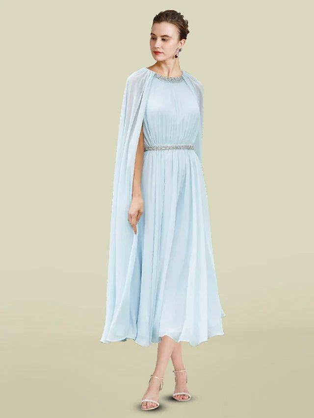 Sheath / Column Mother of the Bride Dress Elegant Jewel Neck Tea Length Chiffon Sleeveless with Pleats Beading Crystal Brooch
