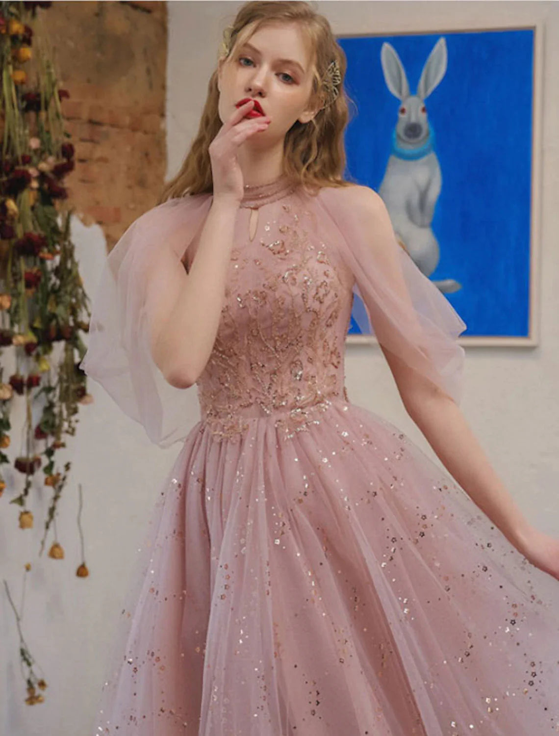 DingjiA-Line Cocktail Dresses Party Dress Graduation Engagement Knee Length 3/4 Length Sleeve Jewel Neck Tulle with Sequin Appliques