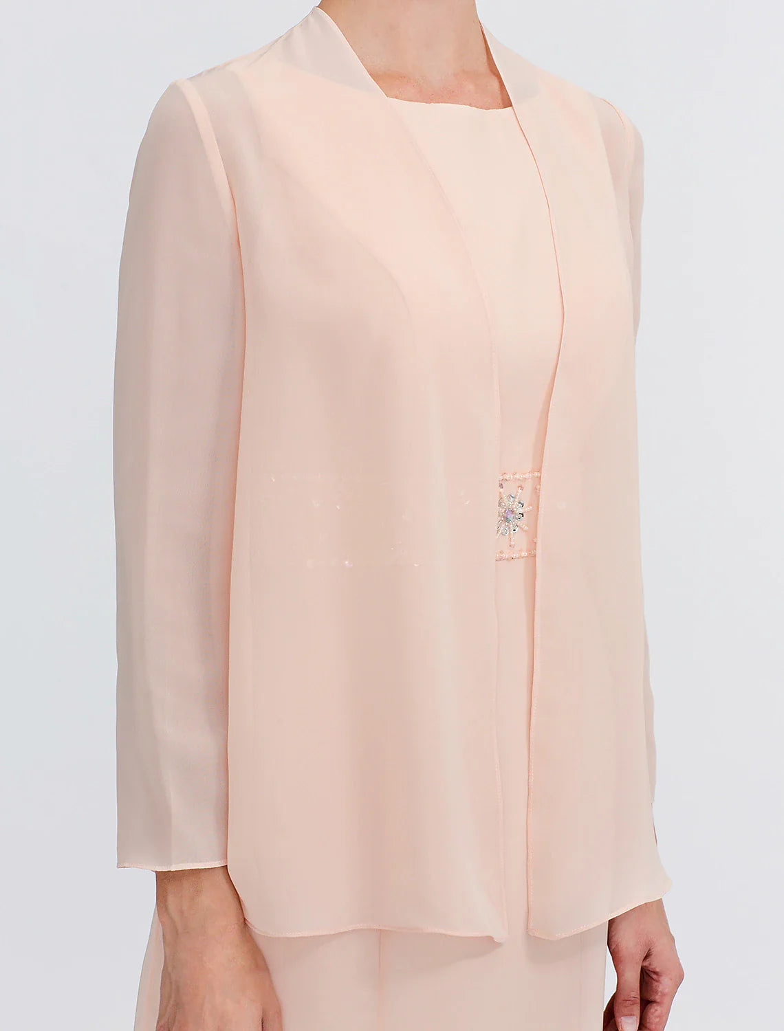 DingjiTwo Piece Sheath / Column Mother of the Bride Dress Wedding Guest Plus Size Elegant with Jacket Long Sleeve Scoop Neck Tea Length Chiffon Sash / Ribbon Pleats Beading