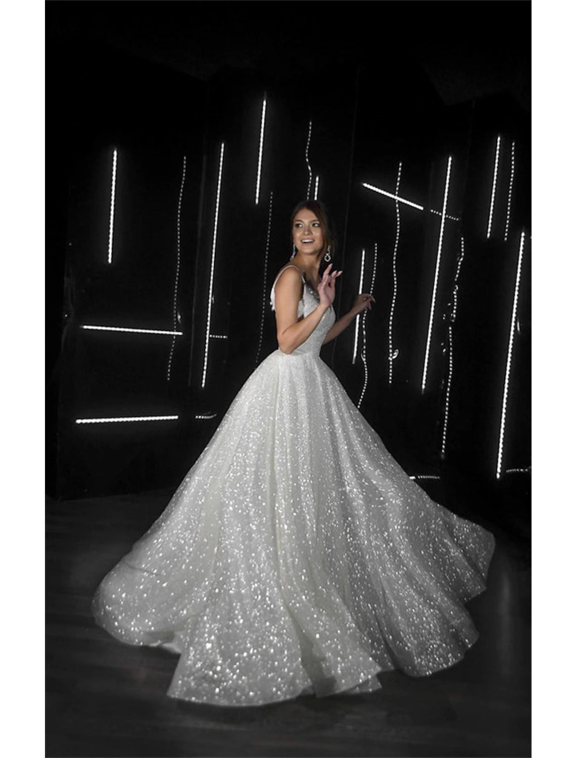 Hall Sparkle & Shine Casual Wedding Dresses A-Line Camisole V Neck Spaghetti Strap Sweep / Brush Train Sequined Bridal Gowns With Solid Color Summer Fall Wedding Party , Women's Clothing