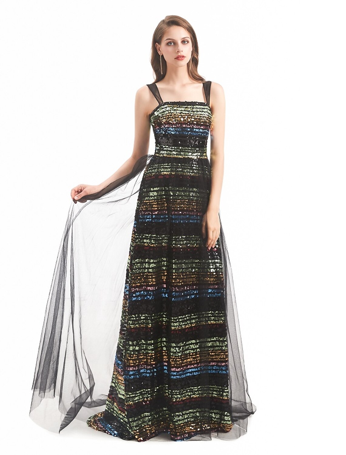 Sheath / Column Evening Gown Vintage Dress Engagement Formal Evening Sweep / Brush Train Sleeveless Boat Neck Tulle with Sequin