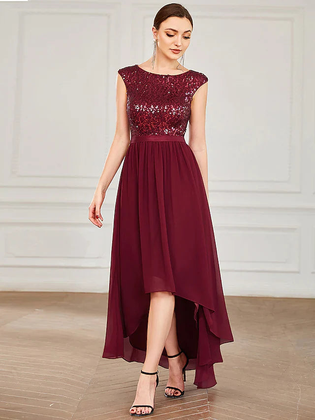 DingjiA-Line Cocktail Dresses Empire Dress Cocktail Party Asymmetrical Sleeveless Jewel Neck Sequined with Draping Pure Color