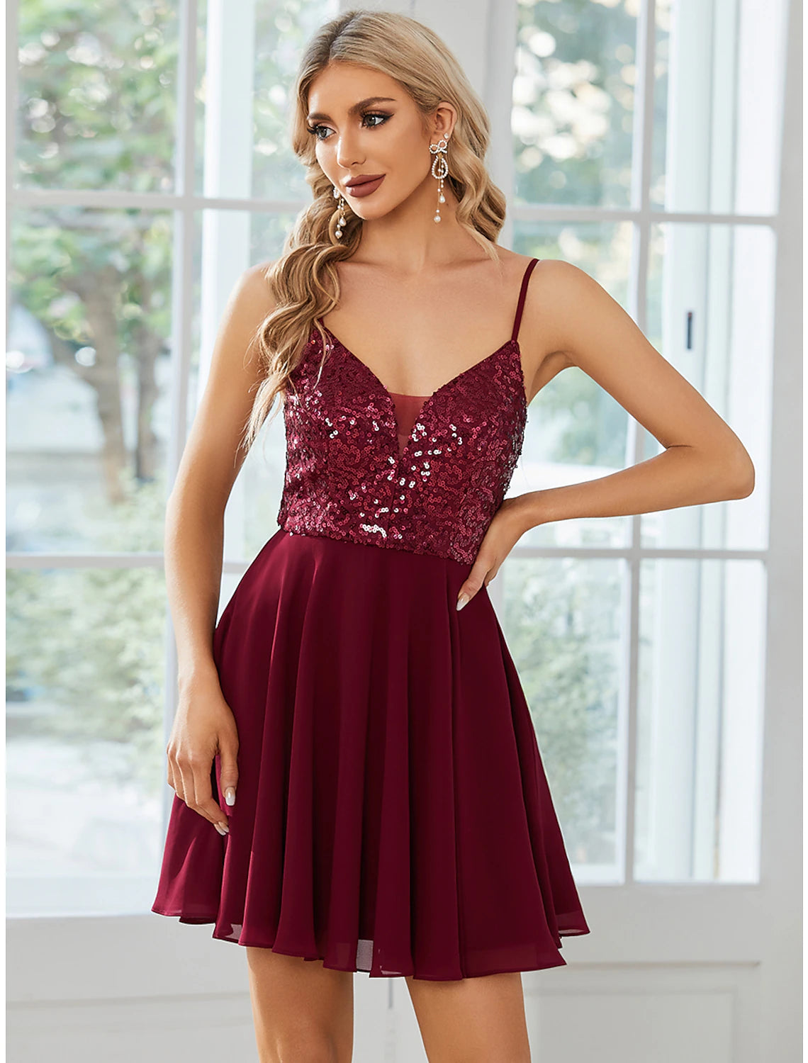 A-Line Homecoming Dresses Sexy Dress Party Wear Short / Mini Sleeveless Spaghetti Strap Chiffon with Pleats Sequin