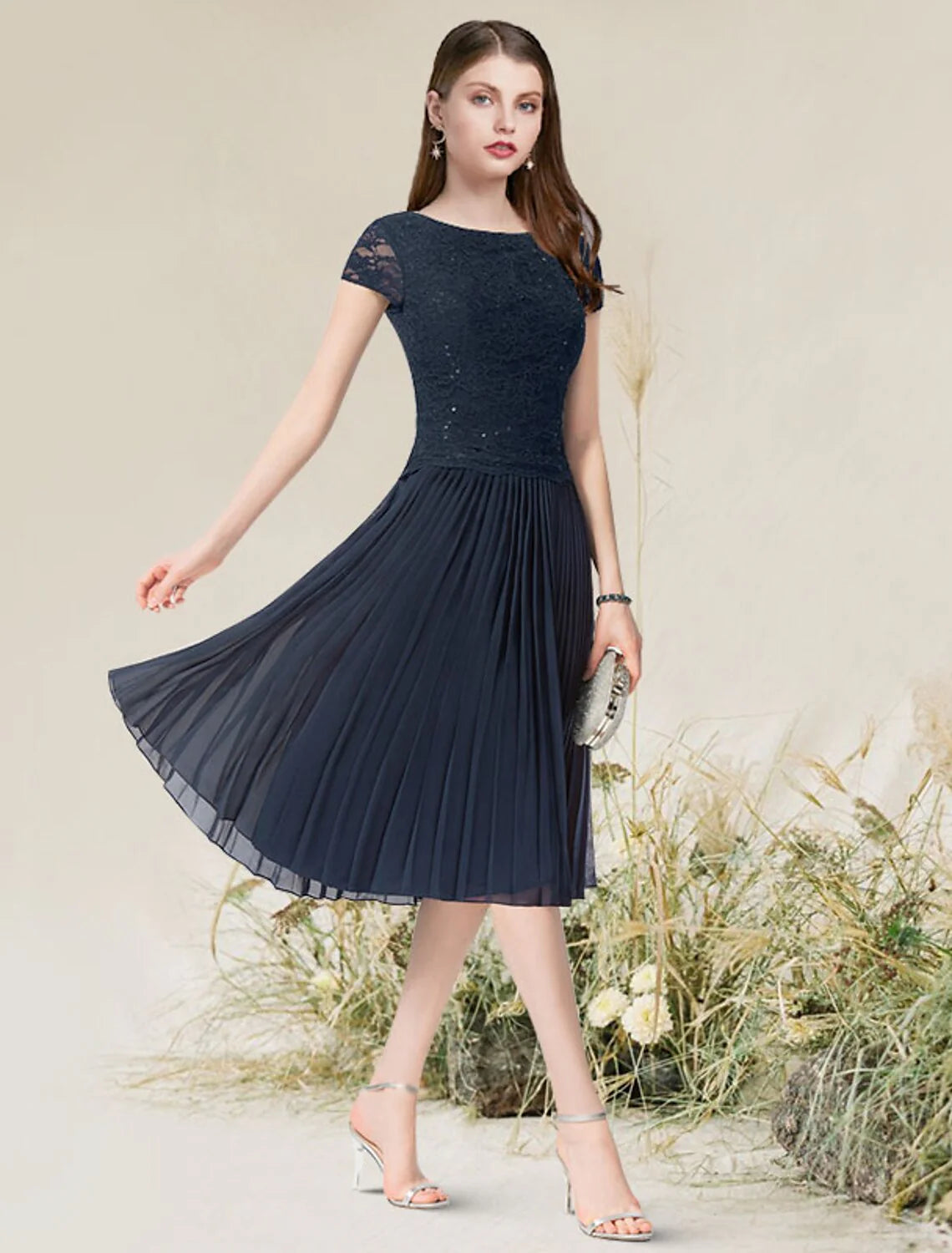 DingjiA-Line Cocktail Dresses Flirty Dress Homecoming Wedding Guest Tea Length Short Sleeve Jewel Neck Chiffon with Pleats