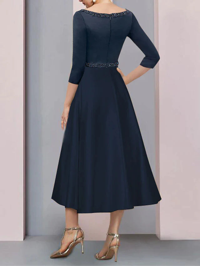 DingjiA-Line Mother of the Bride Dress Wedding Guest Vintage Elegant V Neck Tea Length Satin Short Sleeve with Pleats Beading