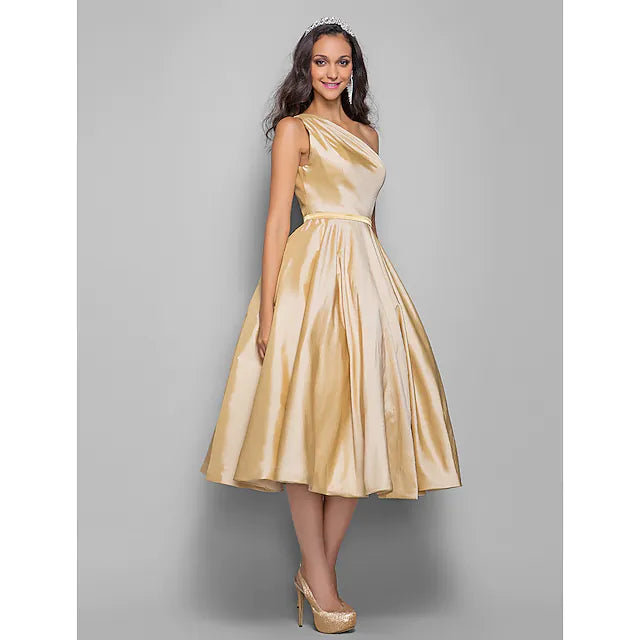DingjiA-Line Minimalist Elegant Cocktail Party Wedding Party Dress One Shoulder Sleeveless Tea Length Taffeta with Sash / Ribbon