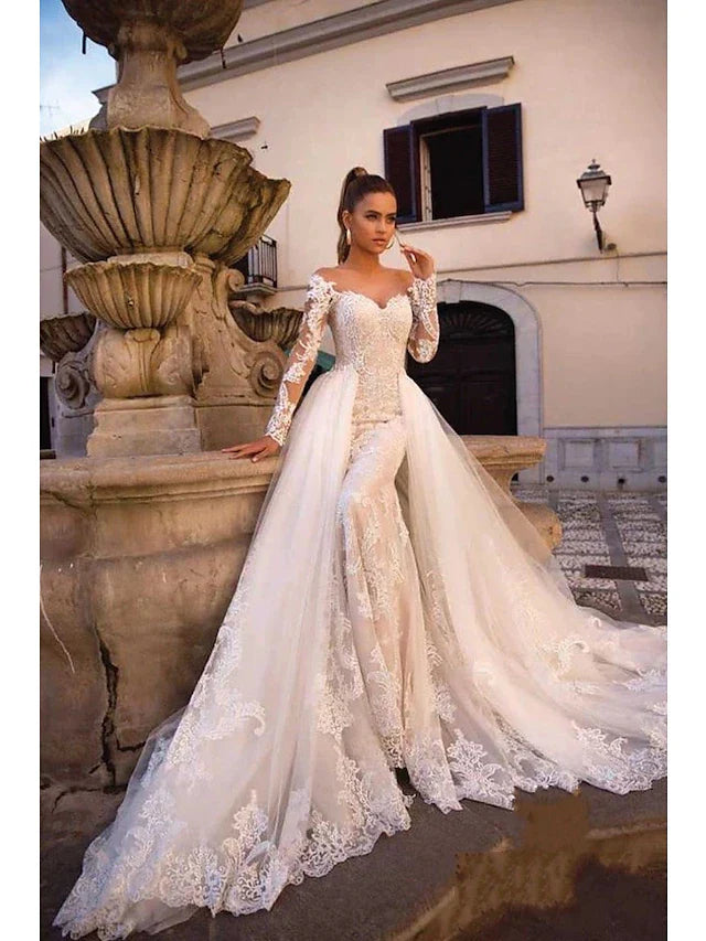 DingjiEngagement Formal Wedding Dresses Court Train Two Piece Long Sleeve Sweetheart Lace With Appliques
