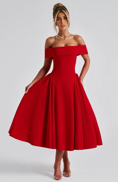 A-Line Off-the-Shoulder Bardot neckline with pleat detail Midi length Prom Dress ﻿