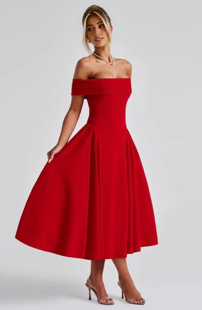 A-Line Off-the-Shoulder Bardot neckline with pleat detail Midi length Prom Dress ﻿