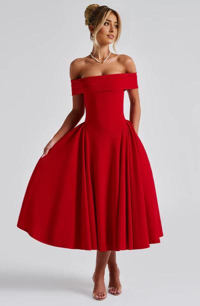 A-Line Off-the-Shoulder Bardot neckline with pleat detail Midi length Prom Dress ﻿