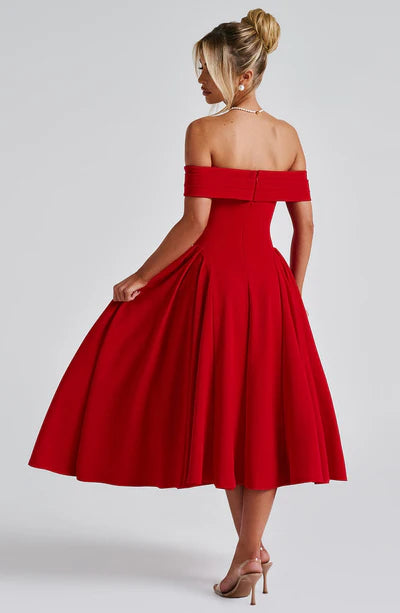 A-Line Off-the-Shoulder Bardot neckline with pleat detail Midi length Prom Dress ﻿