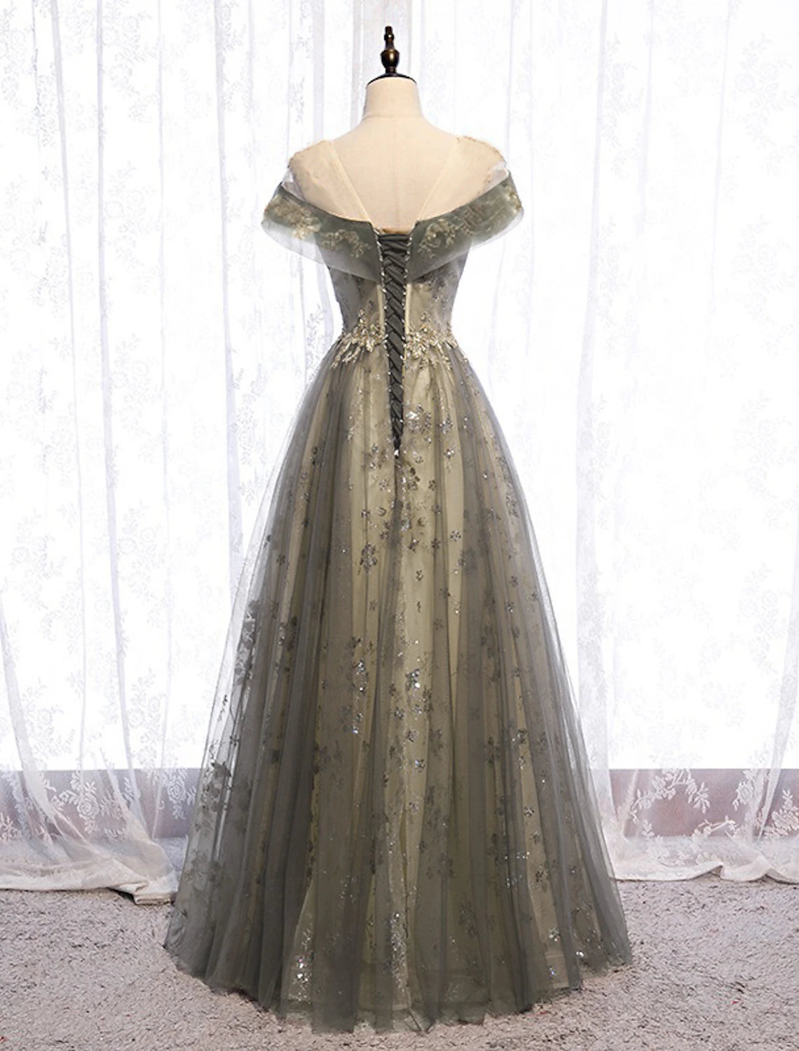 A-Line Evening Gown Floral Dress Wedding Guest Engagement Floor Length Short Sleeve Illusion Neck Tulle with PleatsA-Line Evening Gown Floral Dress Wedding Guest Engagement Floor Length Short Sleeve Illusion Neck Tulle with Pleats