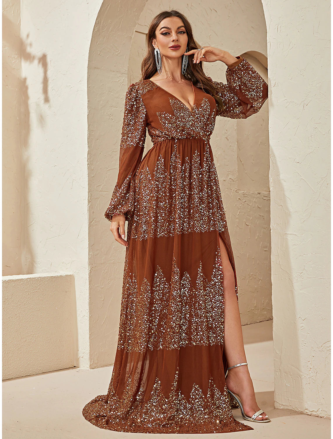 A-Line Wedding Guest Dresses Sparkle & Shine Dress Formal Sweep / Brush Train Long Sleeve V Neck Polyester with Rhinestone Slit