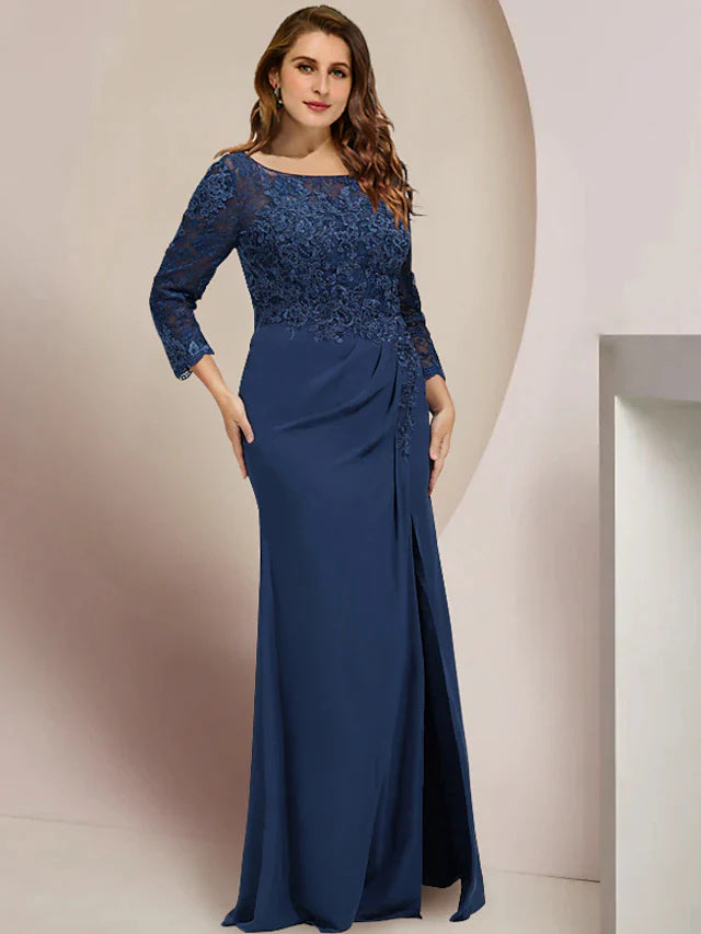 Plus Size Curve Mother of the Bride Dress Wedding Guest Party Elegant Scoop Neck Floor Length Chiffon Lace Long Sleeve with Split Front Ruching