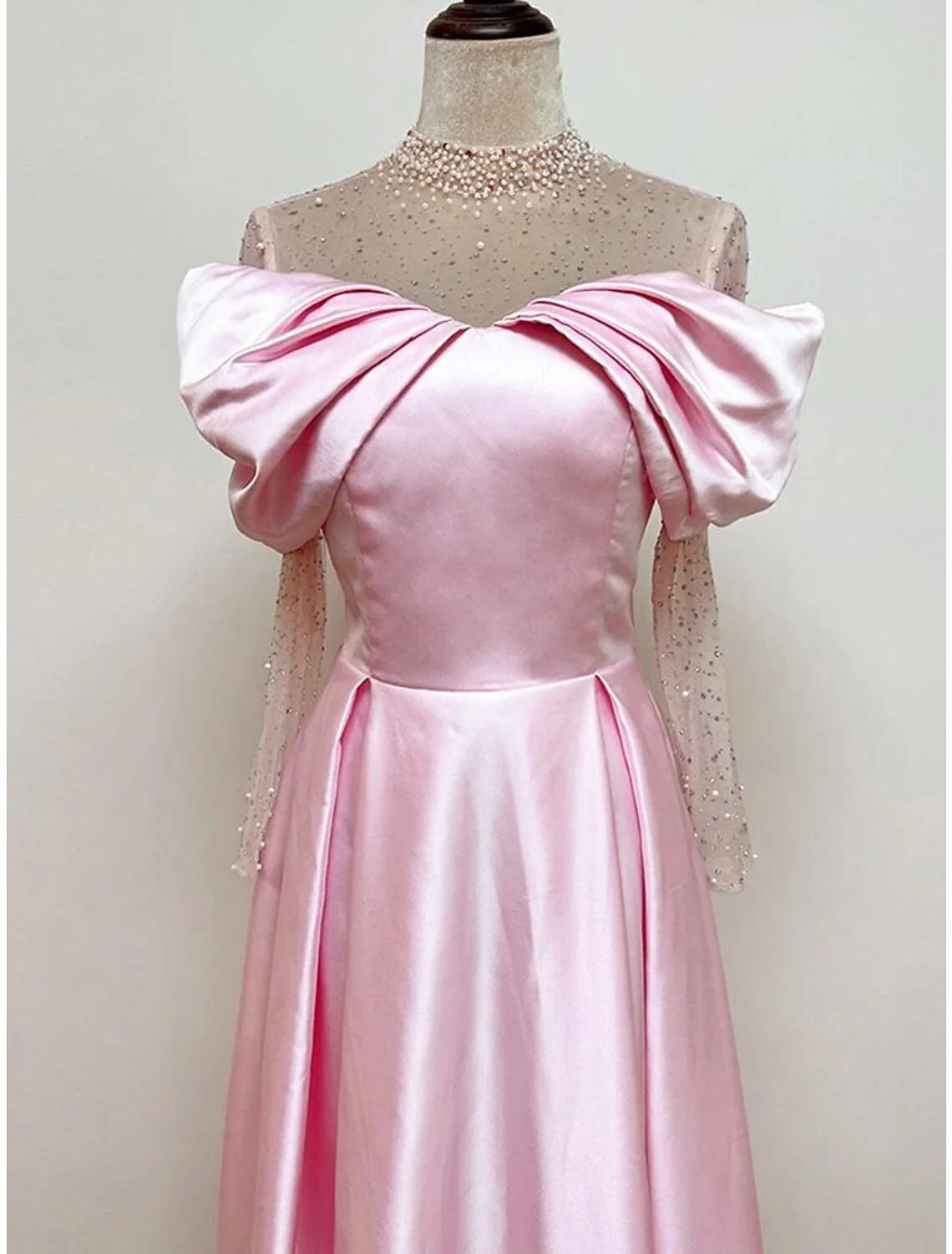 DingjiA-Line Evening Gown Elegant Dress Formal Prom Floor Length Short Sleeve Sweetheart Satin with Ruched Pearls Crystals