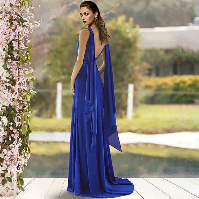 Sheath / Column Mother of the Bride Dress Elegant Jewel Neck Sweep / Brush Train Chiffon Sleeveless with Sash / Ribbon Side-Draped
