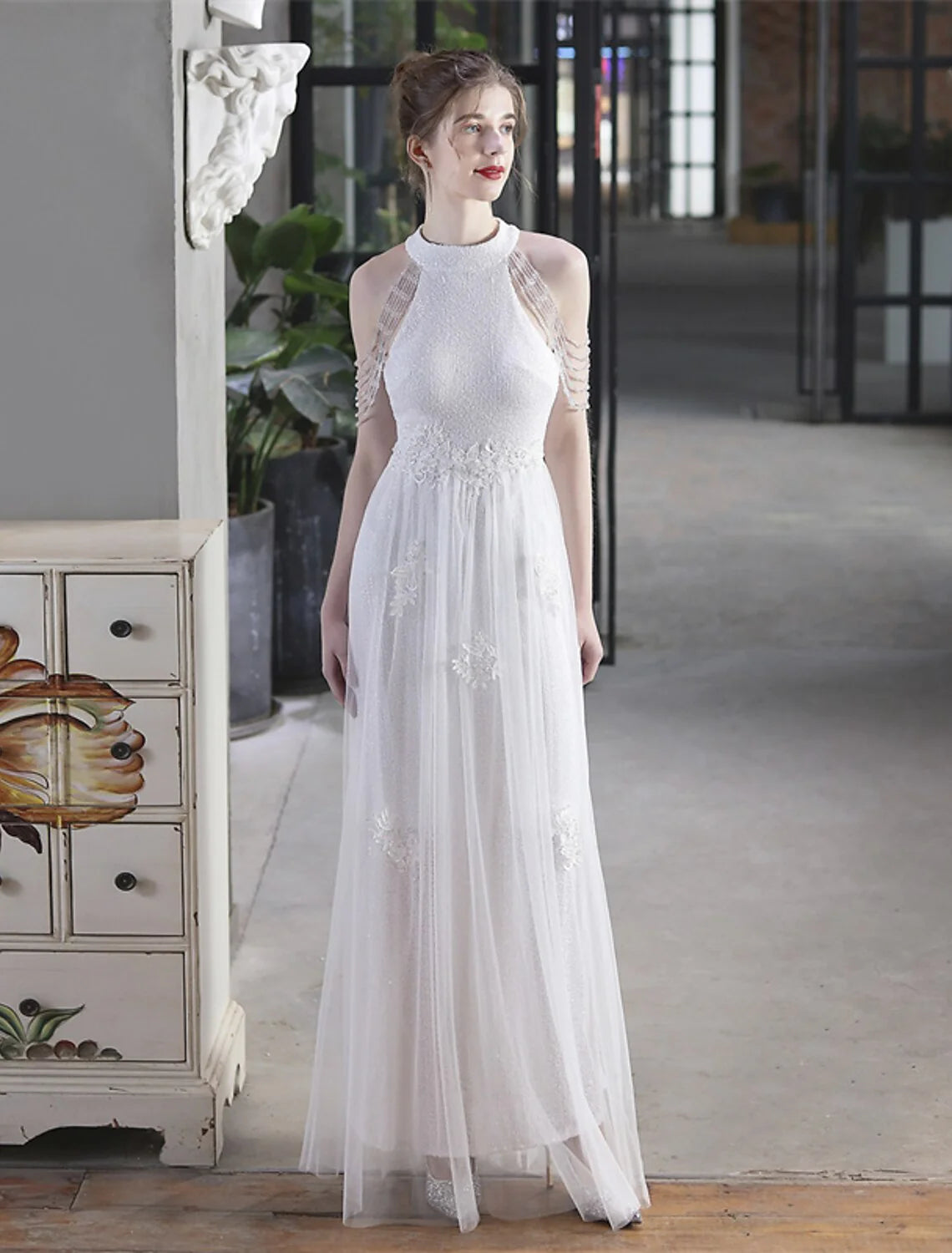 DingjiA-Line Prom Dresses Sparkle & Shine Dress Party Wear Floor Length Short Sleeve High Neck Polyester with Sequin Appliques