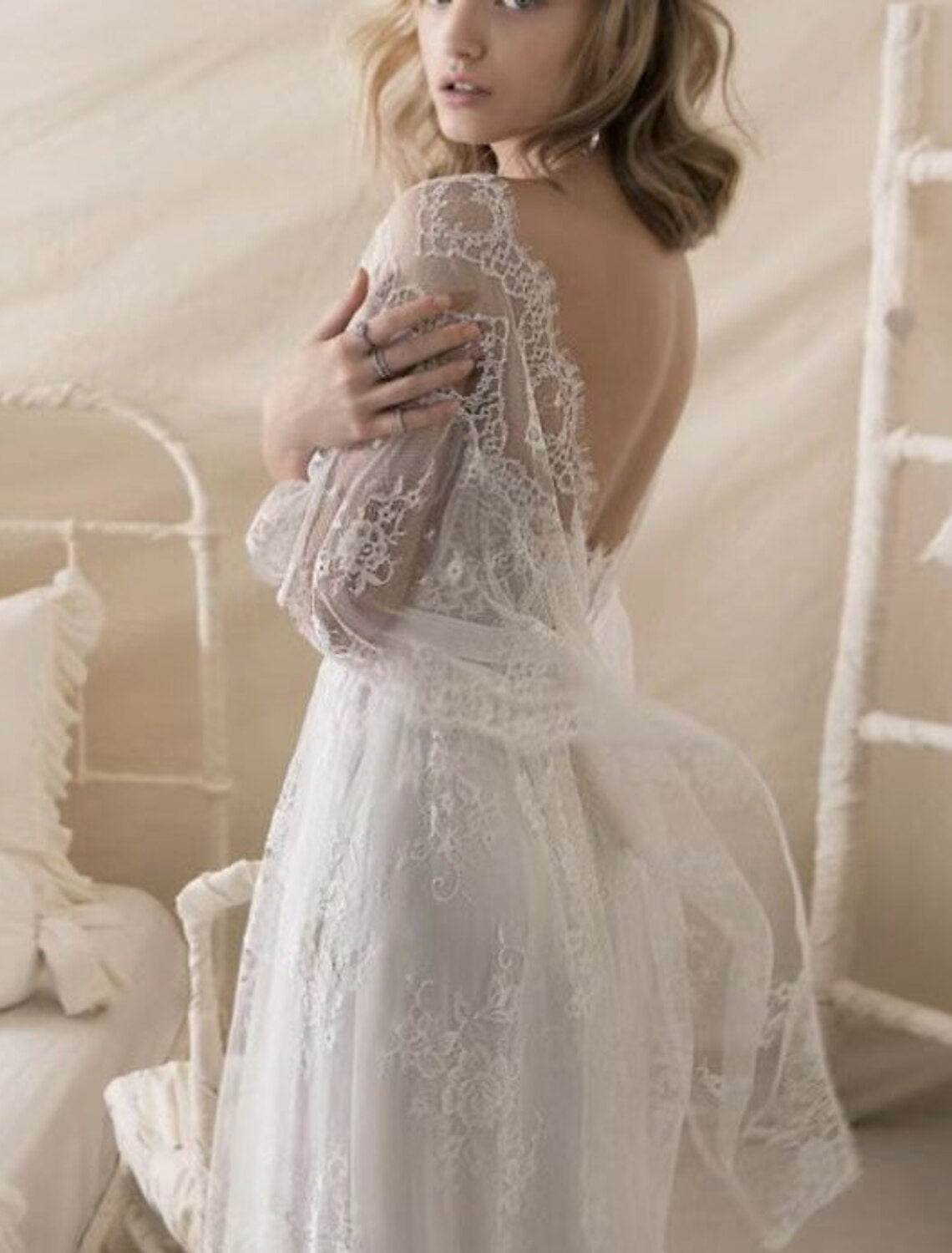 A-Line Wedding Dresses Ankle Length Vintage Little White Dresses Long Sleeve V Neck Chiffon With Solid Color Bridal Gowns