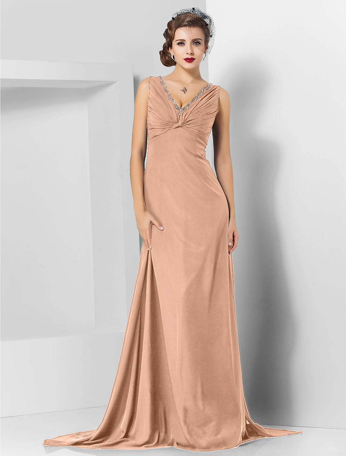 Sheath / Column Elegant Engagement Formal Evening Dress V Neck Sleeveless Sweep / Brush Train Chiffon with Crystals Draping