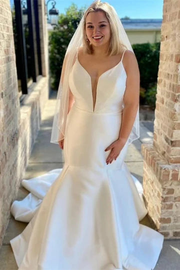 Satin Plunge V Backless Trumpet Wedding Dress