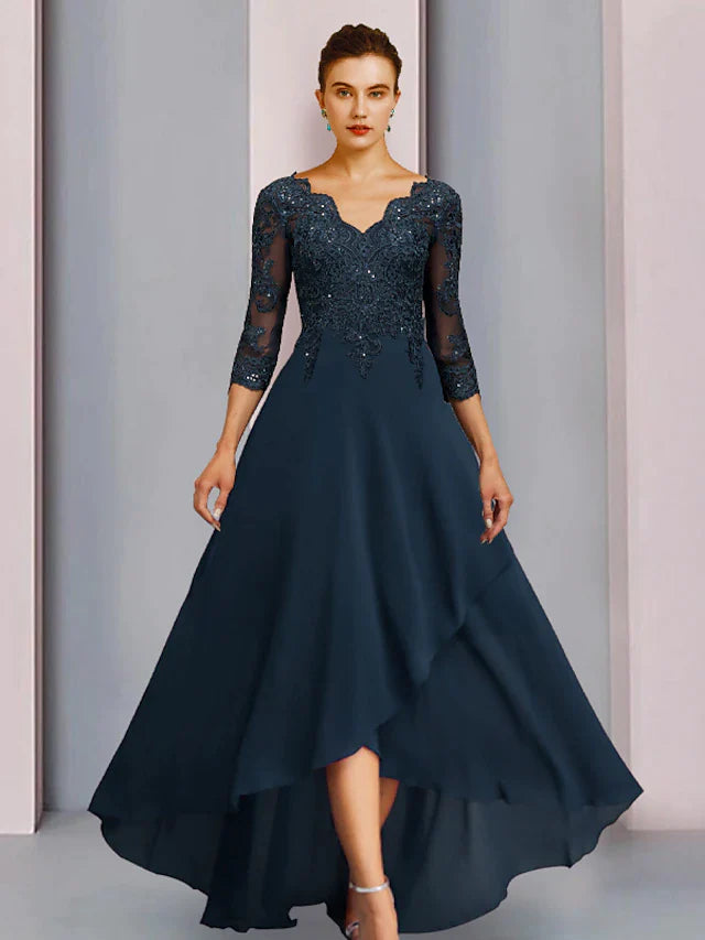 Sheath / Column Mother of the Bride Dress Wedding Guest Vintage Sparkle & Shine V Neck Asymmetrical Chiffon Lace 3/4 Length Sleeve with Pleats Sequin