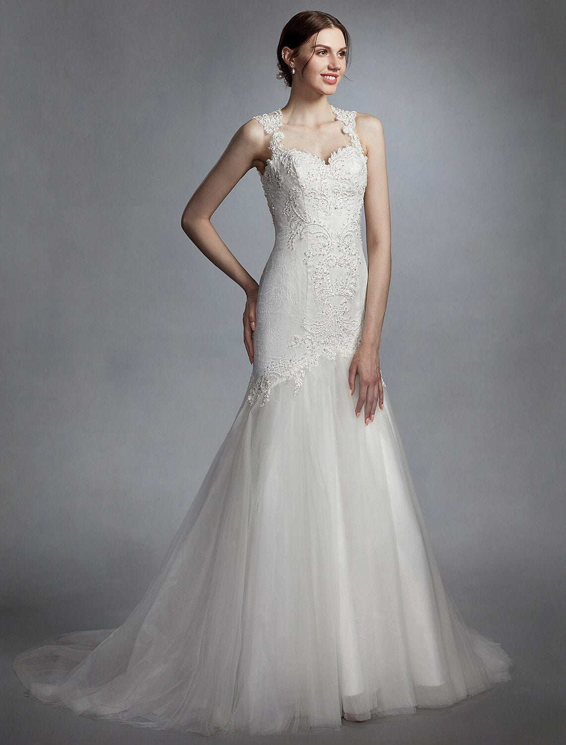 Hall Wedding Dresses Mermaid / Trumpet Sweetheart Regular Straps Court Train Lace Bridal Gowns With Pearl Beading