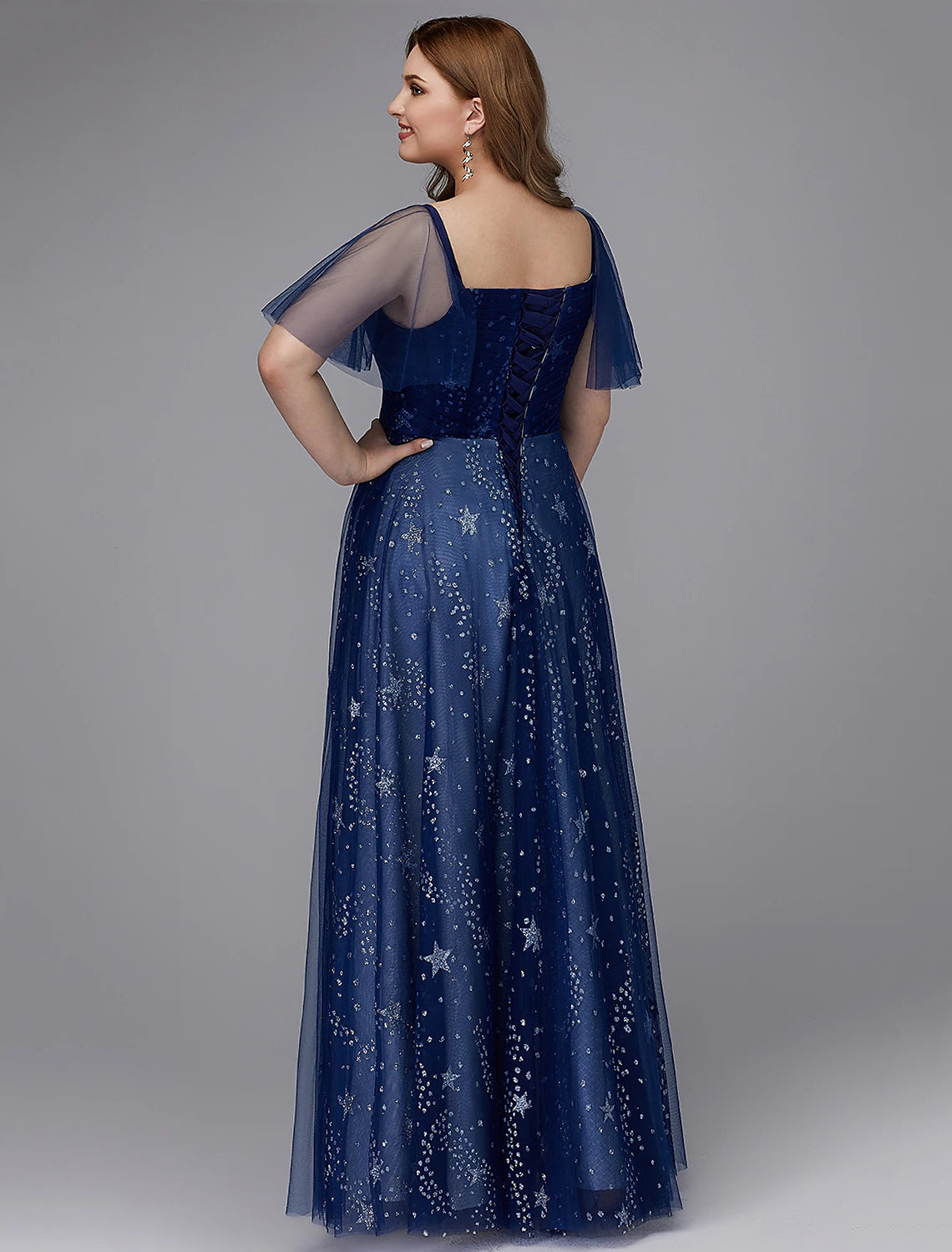 A-Line Plus Size Dress Prom Formal Evening Floor Length Short Sleeve Sweetheart Tulle Lace-up with Beading Pattern / Print