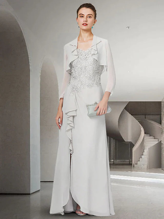 Two Piece Sheath / Column Mother of the Bride Dress Elegant Jewel Neck Floor Length Chiffon Lace 3/4 Length Sleeve Wrap Included with Ruffles Appliques