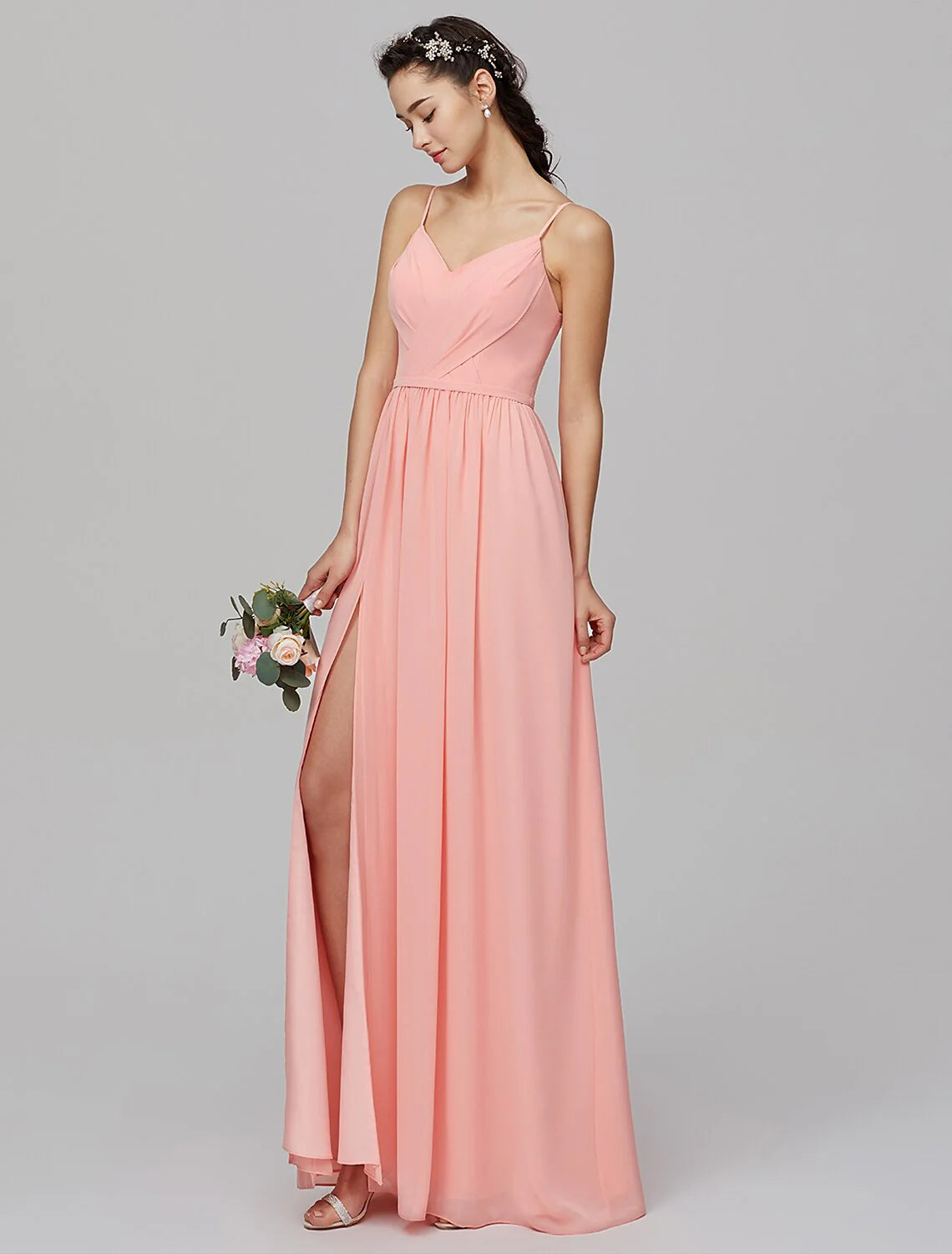 DingjiA-Line Spaghetti Strap Floor Length Chiffon Bridesmaid Dress with Criss Cross / Split Front