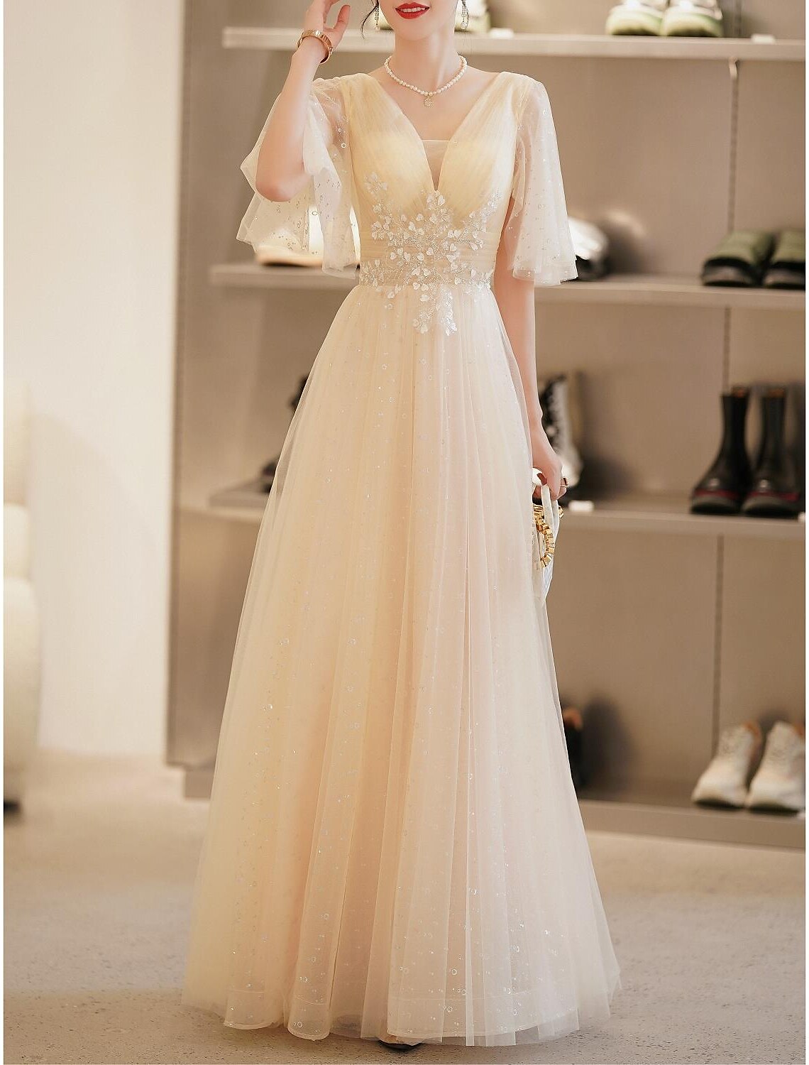A-Line Prom Dresses Elegant Dress Wedding Guest Prom Floor Length Half Sleeve V Neck Satin with Beading Appliques