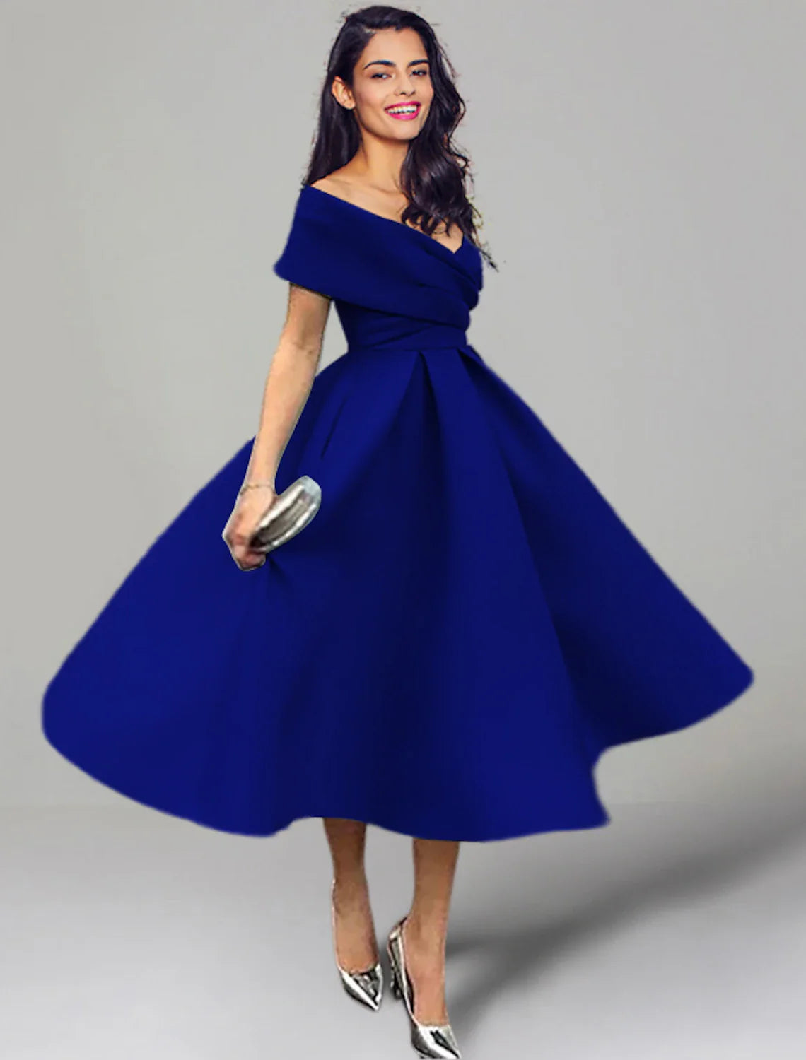 DingjiA-Line Wedding Guest Party Dress Vintage Dress Summer Semi Formal Tea Length Sleeveless Off Shoulder Satin with Ruched