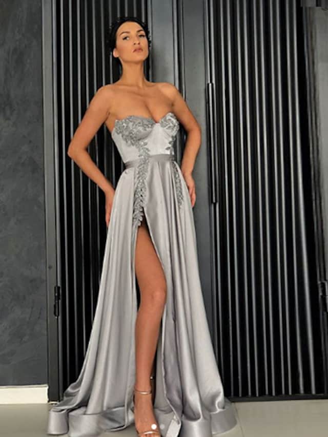 DingjiA-Line Minimalist Elegant Party Wear Prom Dress Off Shoulder Sleeveless Floor Length Satin with Pleats Slit