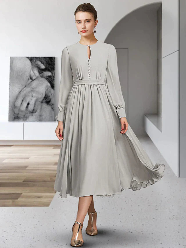 A-Line Mother of the Bride Dress Elegant Jewel Neck Tea Length Chiffon Long Sleeve with Bow(s) Buttons Pleats