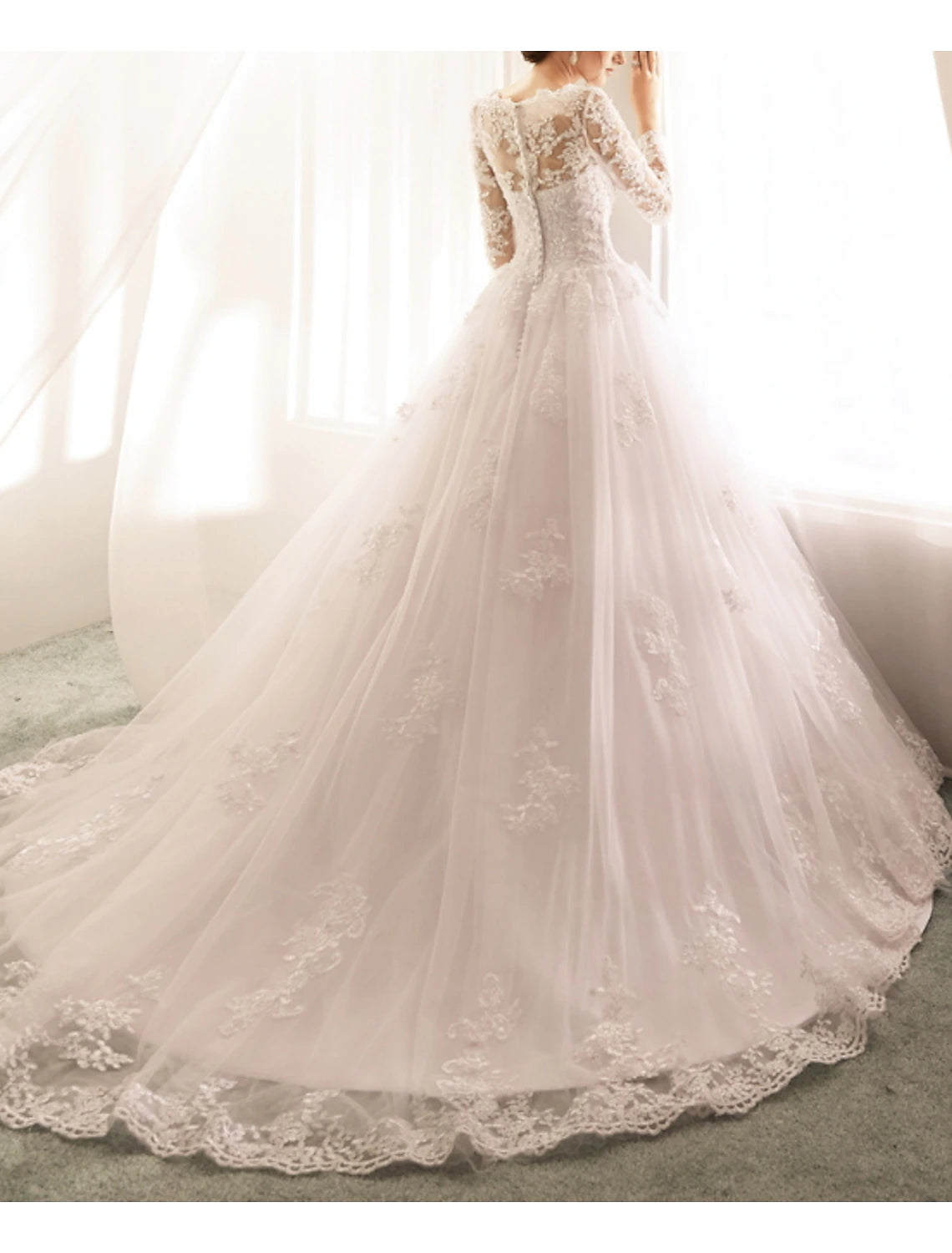 Engagement Formal Fall Wedding Dresses Ball Gown Illusion Neck Long Sleeve Court Train Lace Bridal Gowns With Appliques Summer Wedding Party, Women's Clothing