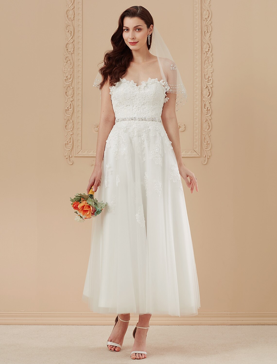 Reception Wedding Dresses A-Line Sweetheart Sleeveless Ankle Length Tulle Bridal Gowns With Sashes / Ribbons Beading
