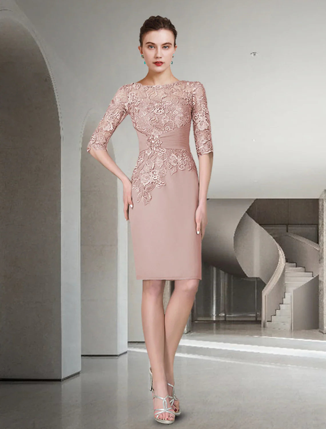 DingjiTwo Piece Sheath / Column Mother of the Bride Dress Fall Wedding Guest Church Plus Size Elegant Jewel Neck Knee Length Chiffon Lace Half Sleeve Wrap Included Jacket Dresses with Ruched Appliques