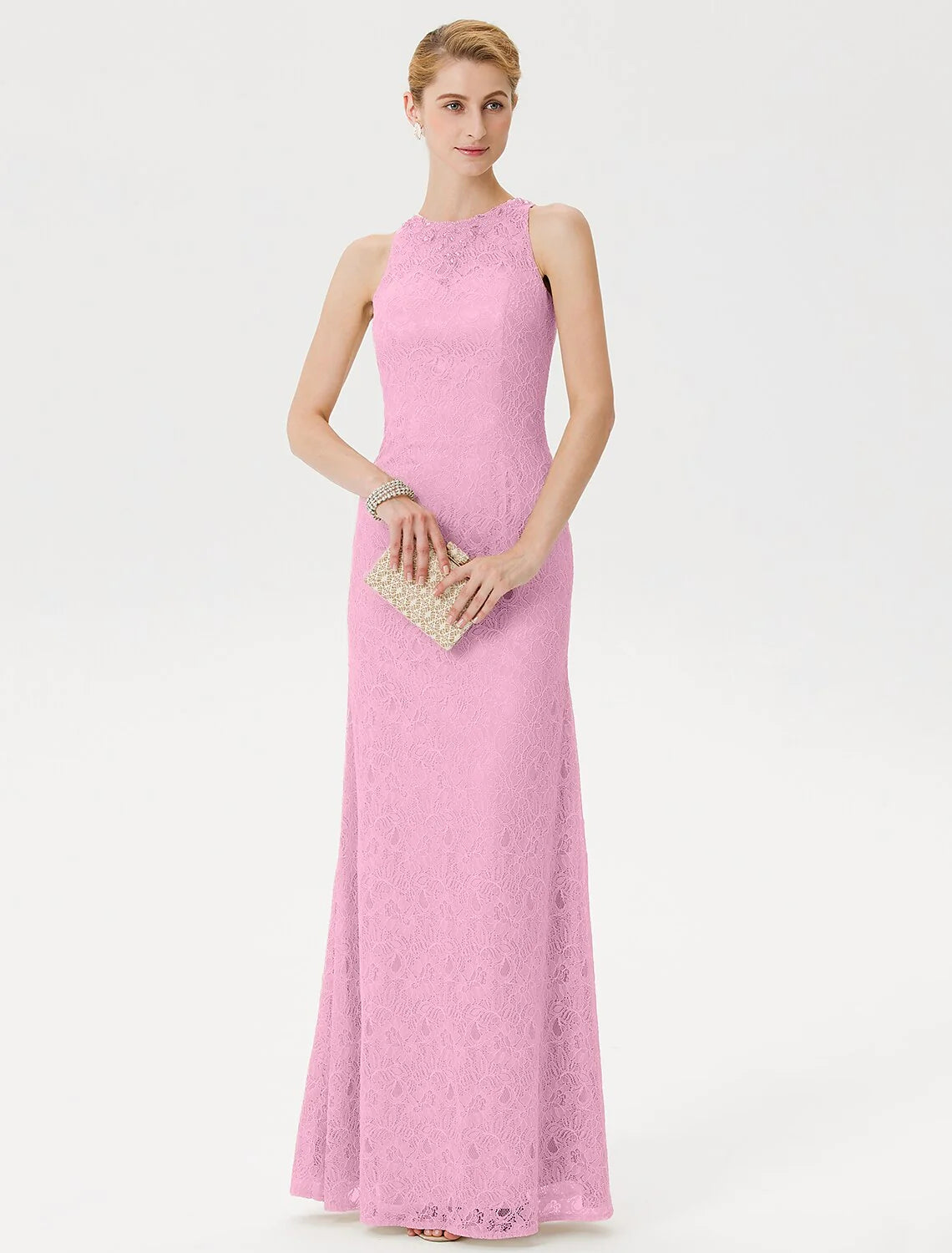 Sheath / Column Mother of the Bride Dress Elegant See Through Illusion Neck Floor Length Lace Sleeveless with Crystals Beading