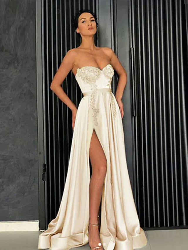 DingjiA-Line Minimalist Elegant Party Wear Prom Dress Off Shoulder Sleeveless Floor Length Satin with Pleats Slit